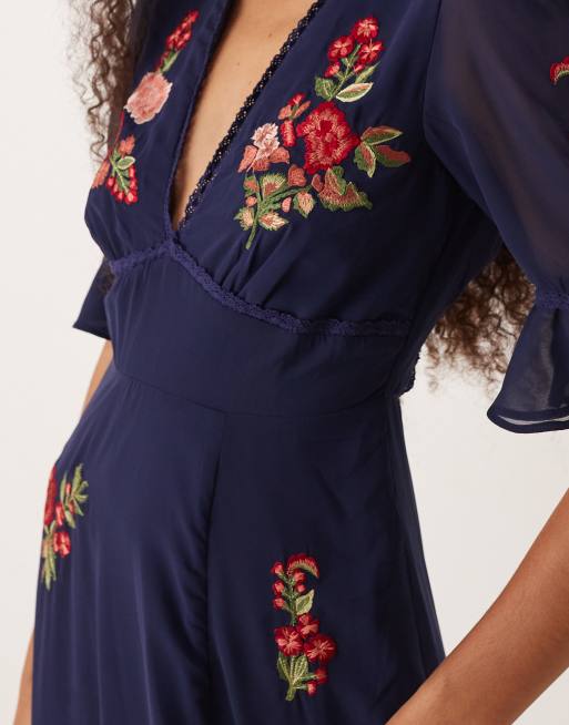 Hope & Ivy embroidered v-neck maxi dress with open back in navy | ASOS