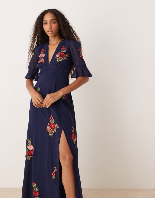 v neck embroidered maxi dress Blue V-Neck Embroidered A-line Tea Length Dress