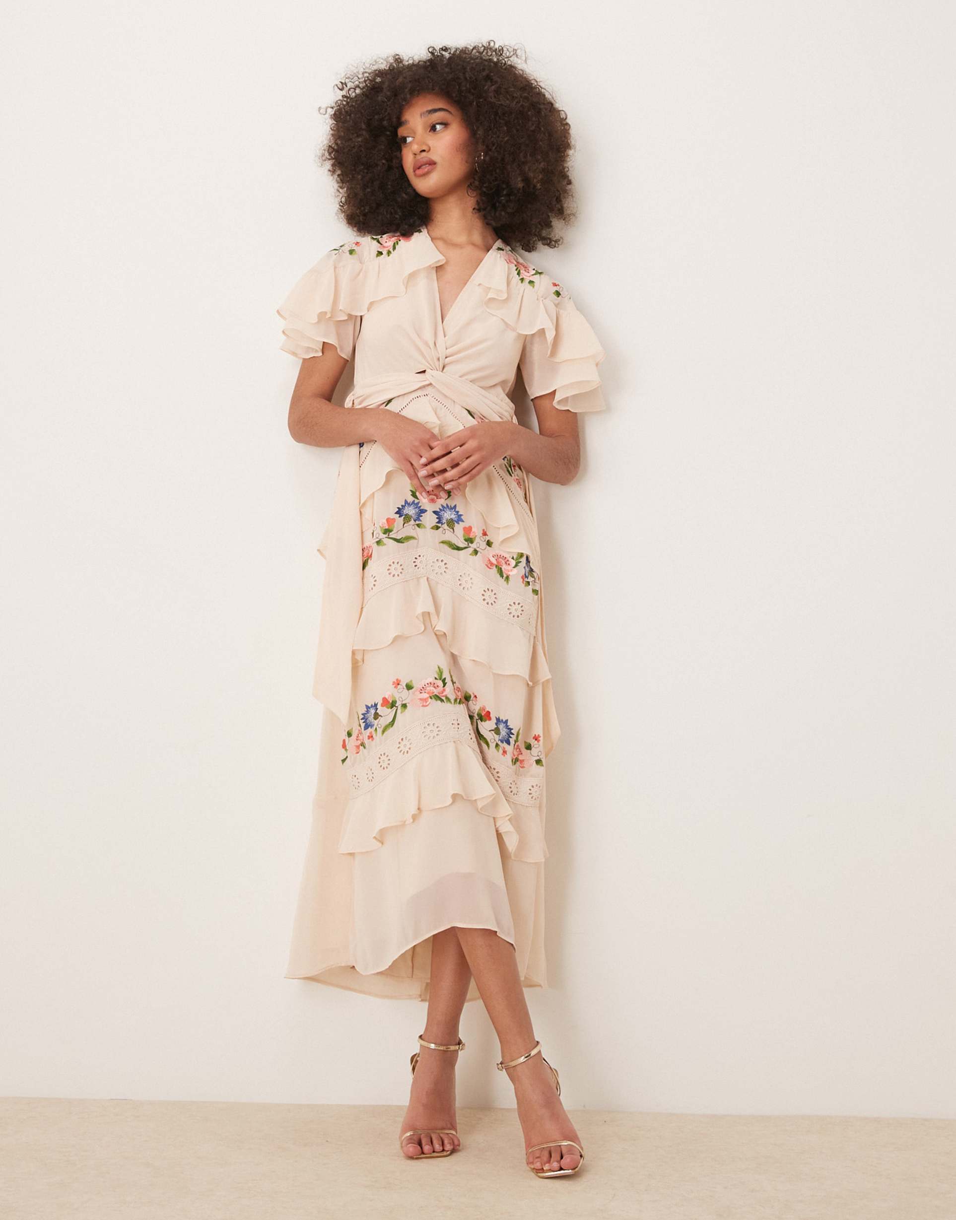 hope & ivy embroidered v-neck tiered skirt midi dress in cream