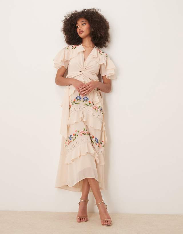 Hope & Ivy embroidered v-neck tiered skirt midi dress in cream