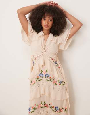 Hope & Ivy Embroidered V-neck Tiered Skirt Midi Dress In White