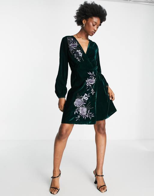 Green velour wrap store dress