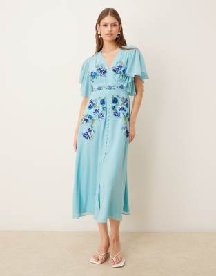 Hope & Ivy Embroidered Wrap Front Flutter Sleeve Midi Dress In Blue