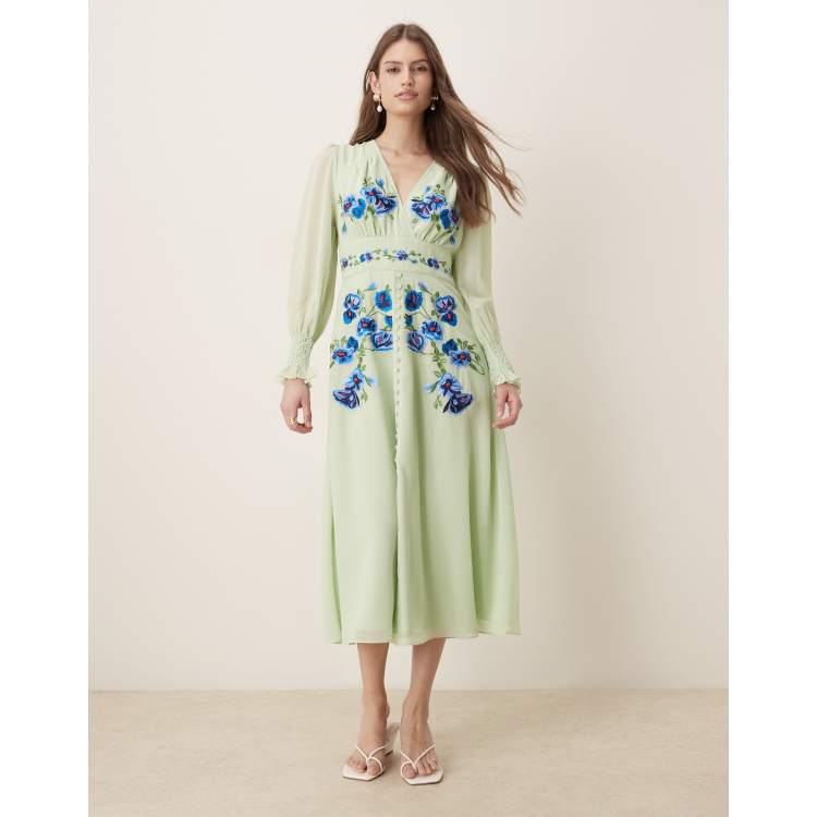 Hope & Ivy embroidered wrap front sheer sleeve midi dress in mint green |  ASOS
