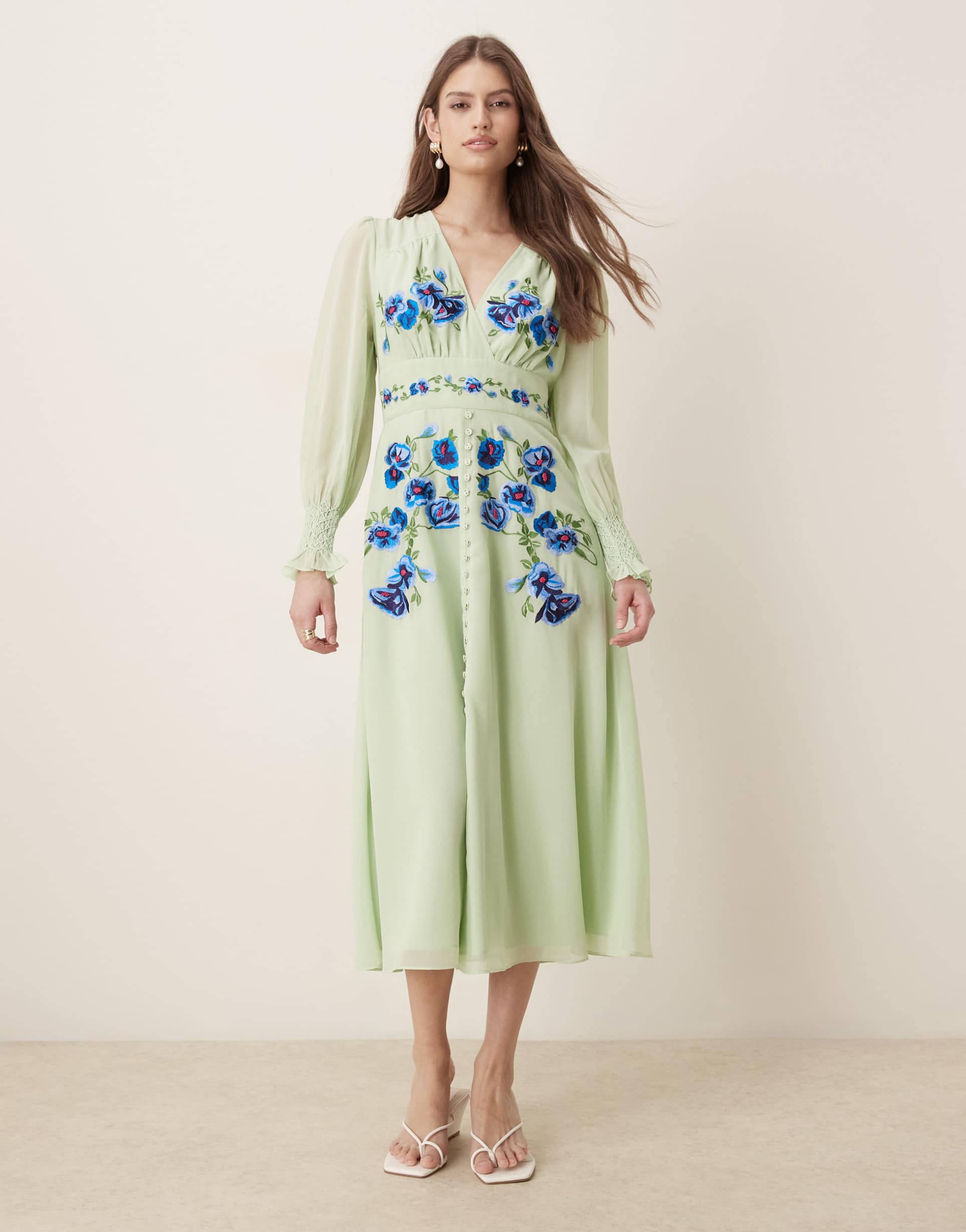 hope & ivy embroidered wrap front sheer sleeve midi dress in mint green