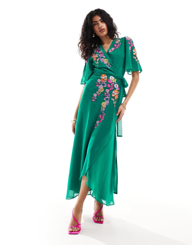 bright green wrap dress Hope & Ivy embroidered maxi in quiz:midi-dress