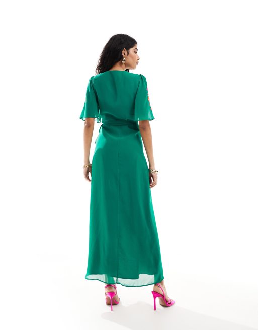 Hope Ivy embroidered wrap maxi dress in bright green ASOS