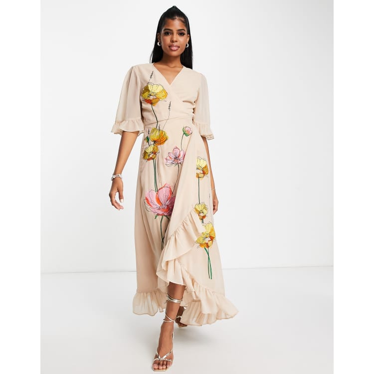 margen borracho cura Hope & Ivy embroidered wrap maxi dress in peach floral | ASOS