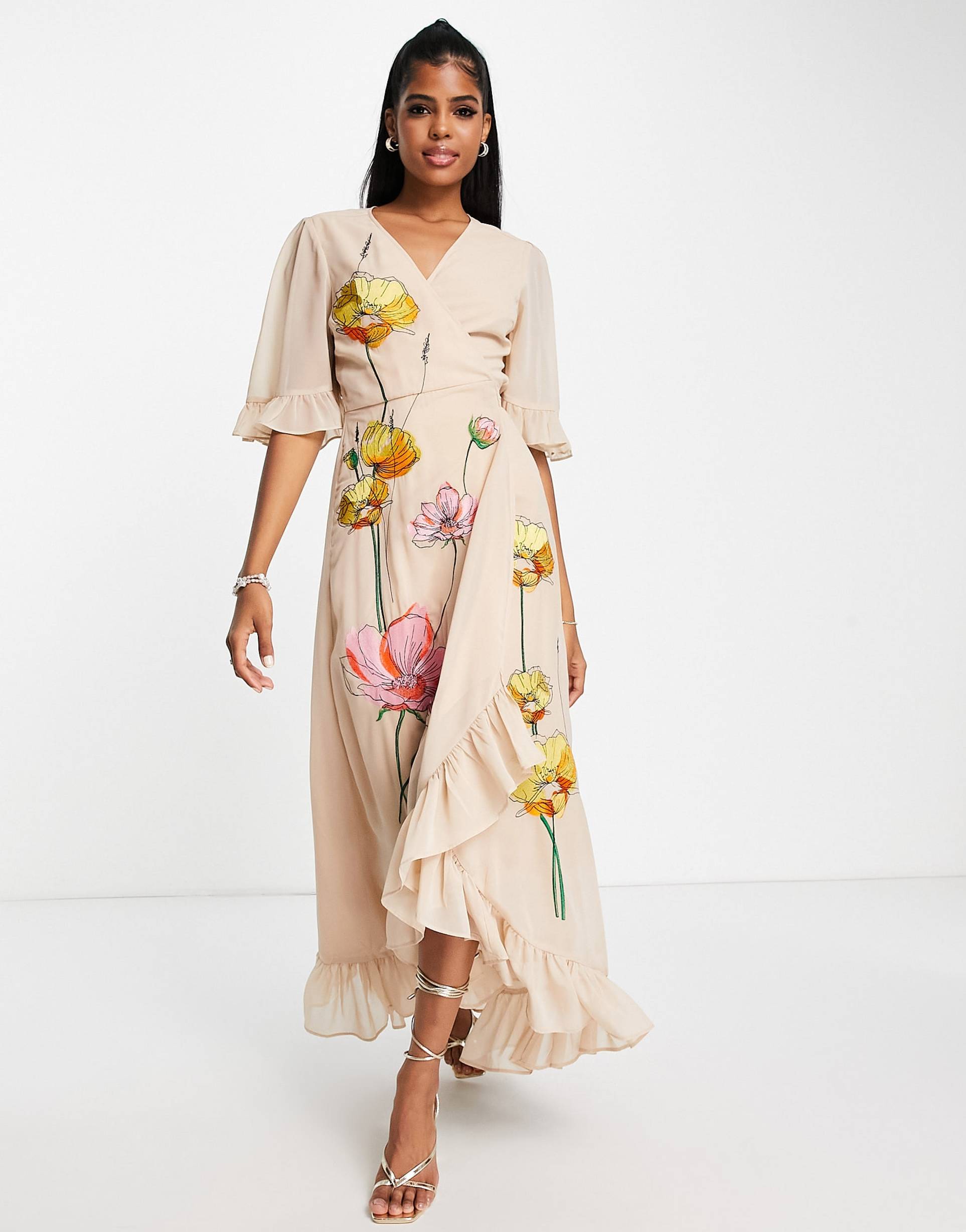 hope & ivy embroidered wrap maxi dress in peach floral