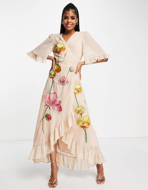 Hope & Ivy wrap maxi tea dress in buttercup floral