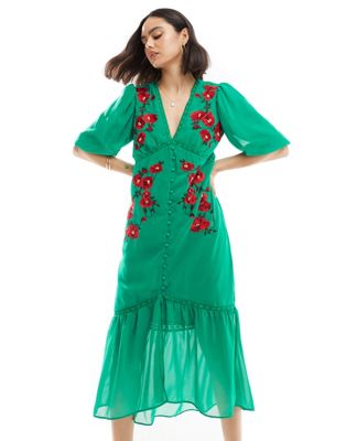 embroidery midi dress with ruched detail in green