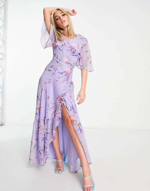 Hope & Ivy – Fioletowa kopertowa sukienka maxi z rozszerzanymi rękawami w kwiatowy wzór