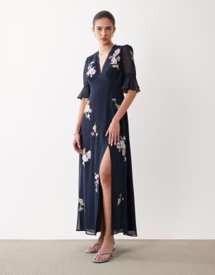 Hope & Ivy Floral Embroidered V-neck Maxi Dress With Thigh Slit In Blue