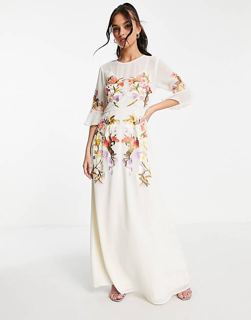Hope & Ivy fluted sleeve embroidered maxi dress in ivory