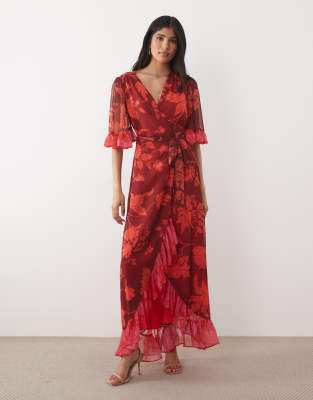 Hope & Ivy Flutter Sleeve Contrast Wrap Maxi Dress In Red