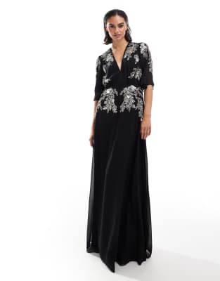 flutter sleeve embellished maxi dress in black