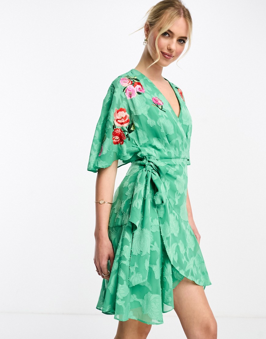 flutter sleeve embroidered sequin mini dress in green