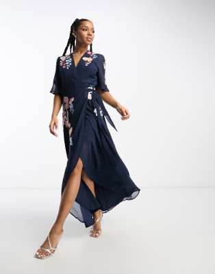 Hope & Ivy flutter sleeve embroidered wrap maxi dress in navy floral-Purple