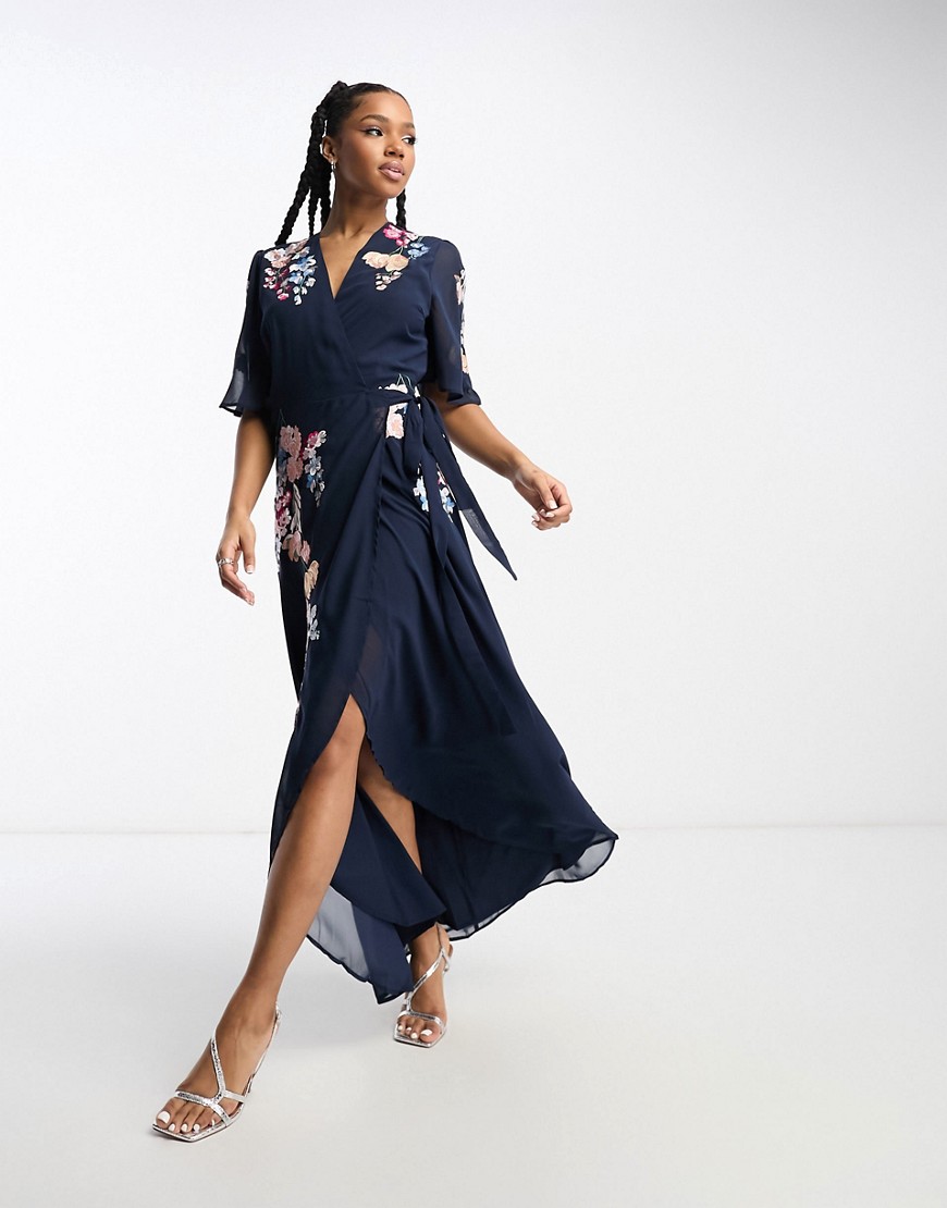flutter sleeve embroidered wrap maxi dress in navy floral-Purple