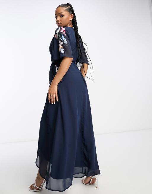 Hope Ivy flutter sleeve embroidered wrap maxi dress in navy floral