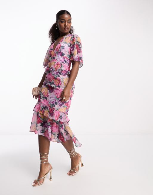 Hope Ivy flutter sleeve frill midi dress in pink floral