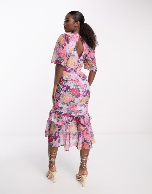 Hope & Ivy flutter sleeve frill midi dress in pink floral | ASOS