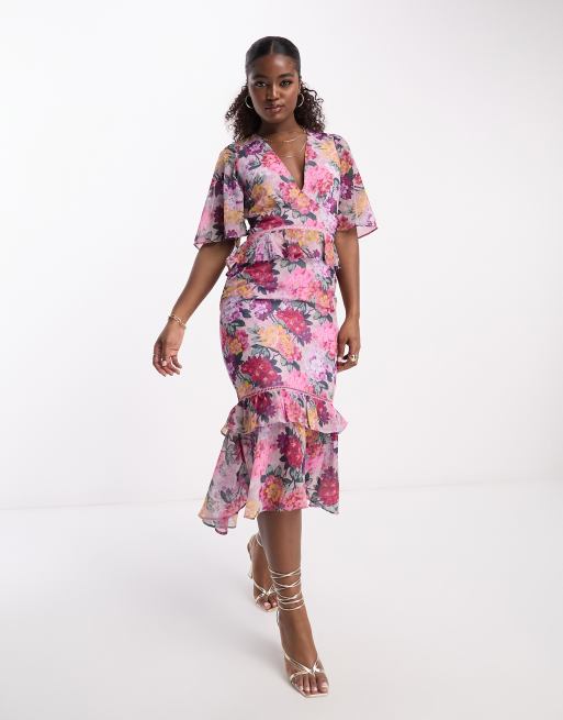 Hope & Ivy flutter sleeve frill midi dress in pink floral