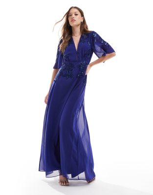 Hope & Ivy Hope & Ivy flutter sleeve maxi dress in navy with cobalt blue embellishment