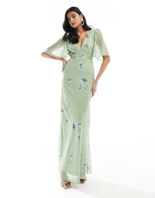 flutter sleeve maxi dress in sage-Green