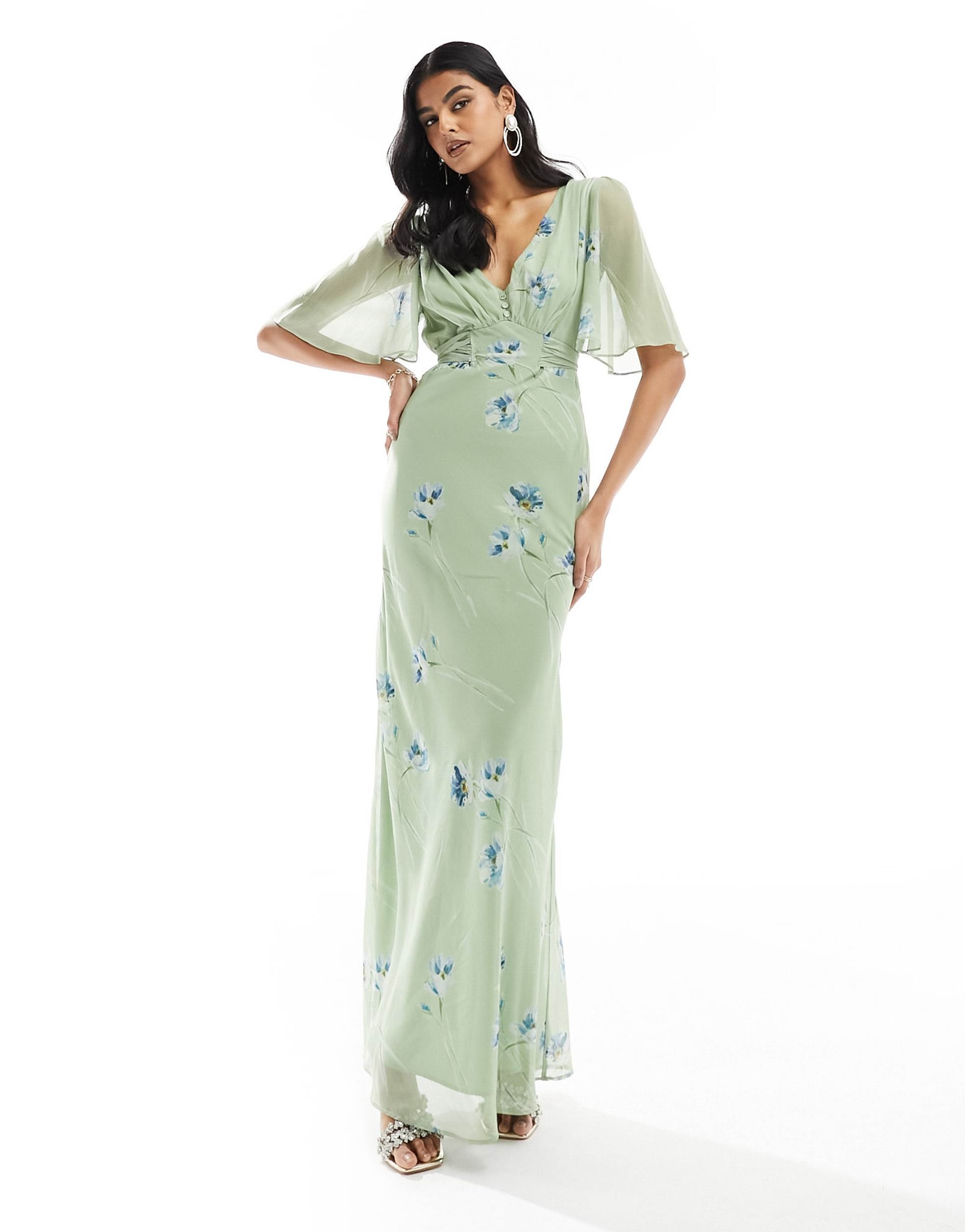 hope & ivy flutter sleeve maxi dress in sage