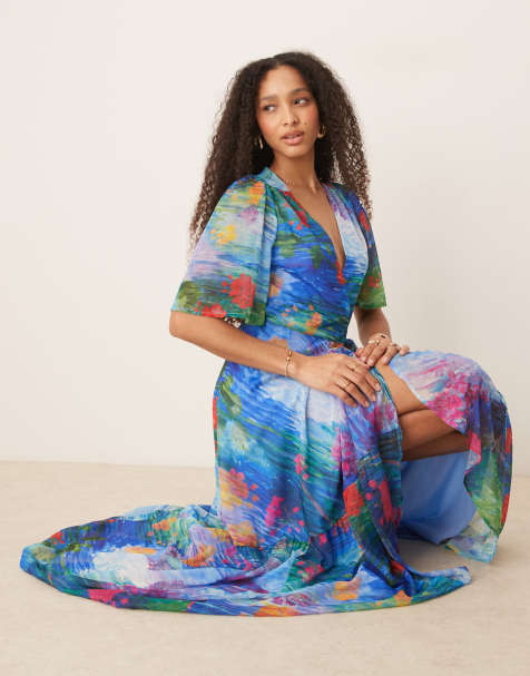 Hope & Ivy flutter sleeve maxi wrap dress in blue floral - view 1