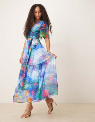 Hope & Ivy Flutter Sleeve Maxi Wrap Dress In Blue