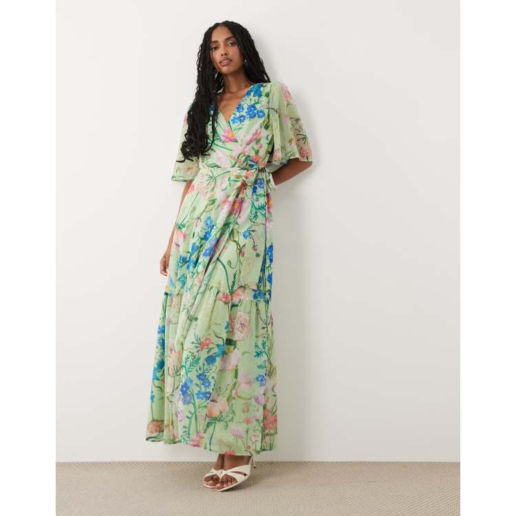 urban outfitters green floral wrap dress Urban Outfitters Wrap Dress Size M Yellow Green Floral Short Sleeve