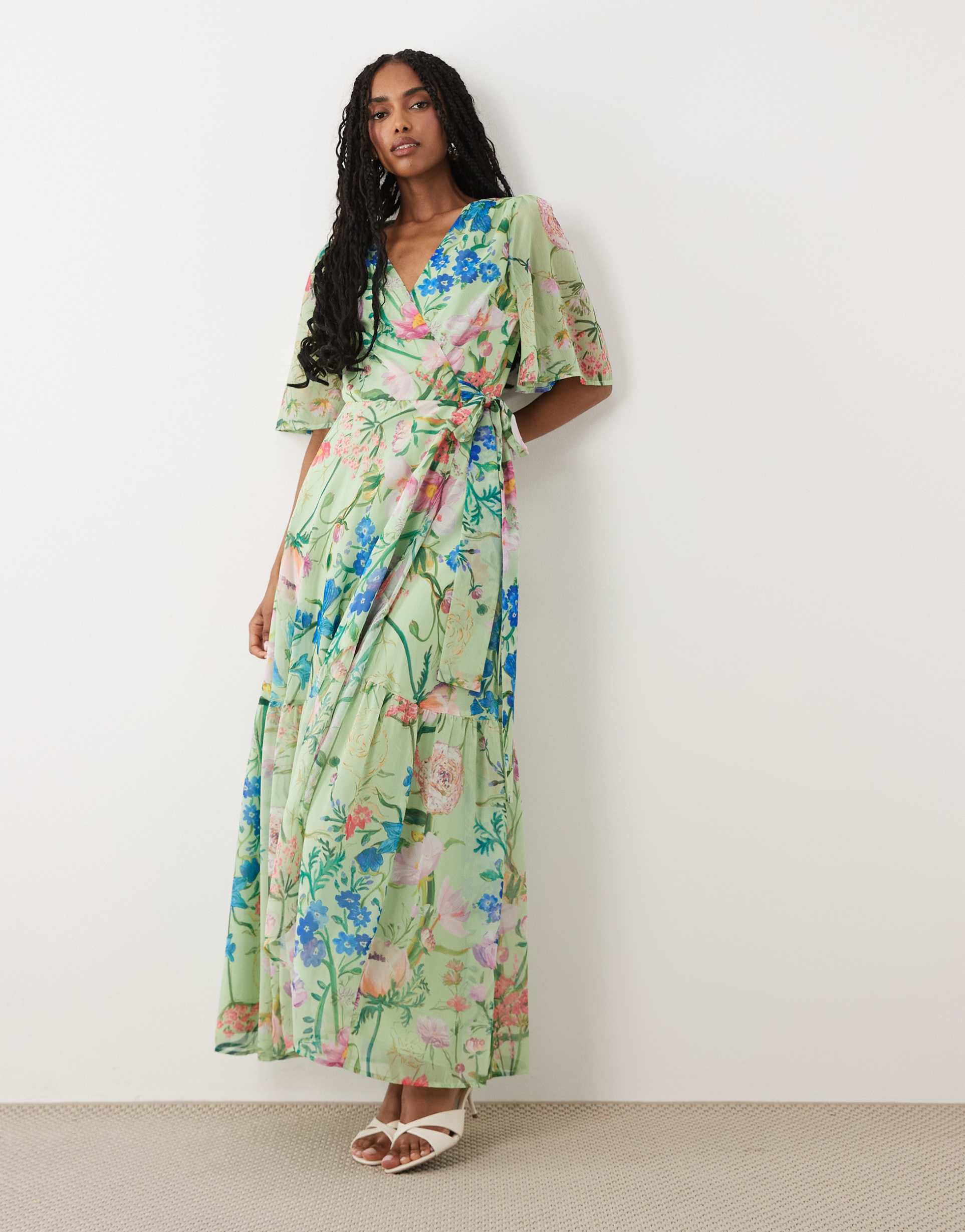 hope & ivy flutter sleeve maxi wrap dress in green floral
