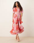 [Hope & Ivy] Hope & Ivy flutter sleeve maxi wrap dress in pink beach print 6 Pink