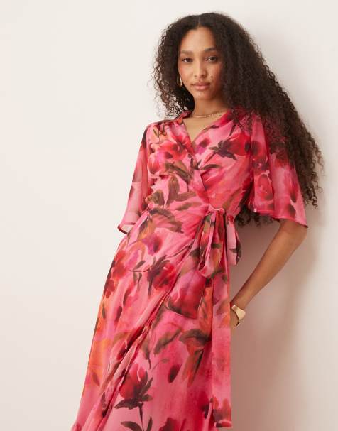Hope & Ivy flutter sleeve maxi wrap dress in pink floral - view 1