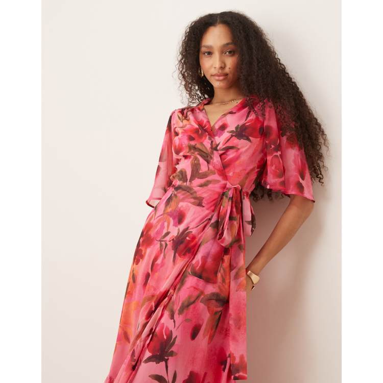 Hope & Ivy flutter sleeve maxi wrap dress in pink floral | ASOS