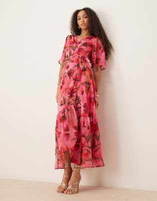 Hope & Ivy Flutter Sleeve Maxi Wrap Dress In Pink