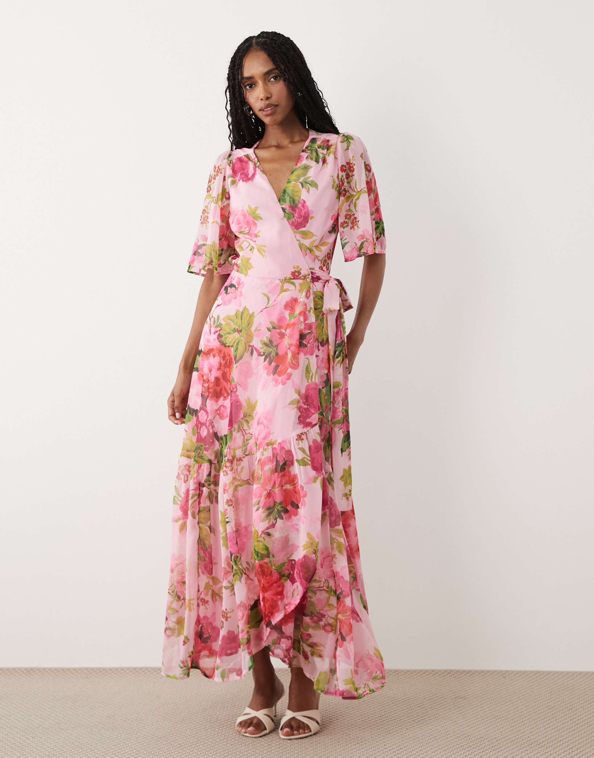 hope & ivy flutter sleeve maxi wrap dress in pink floral