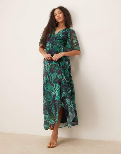 Hope & Ivy flutter sleeve maxi wrap dress in turquoise palm print - view 1
