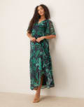 [Hope & Ivy] Hope & Ivy flutter sleeve maxi wrap dress in turquoise palm print-Green 6 Dark Green
