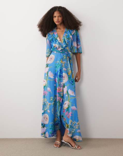 Hope & Ivy flutter sleeve maxi wrap dress with tie waist in blue floral - view 1