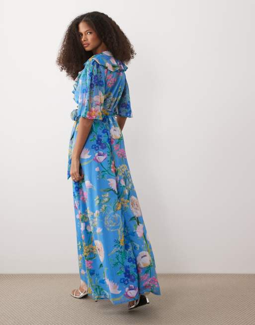Hope & Ivy flutter sleeve maxi wrap dress with tie waist in blue floral, 4 of 4