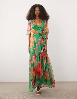 Hope & Ivy Flutter Sleeve Maxi Wrap Dress With Tie Waist In Multi