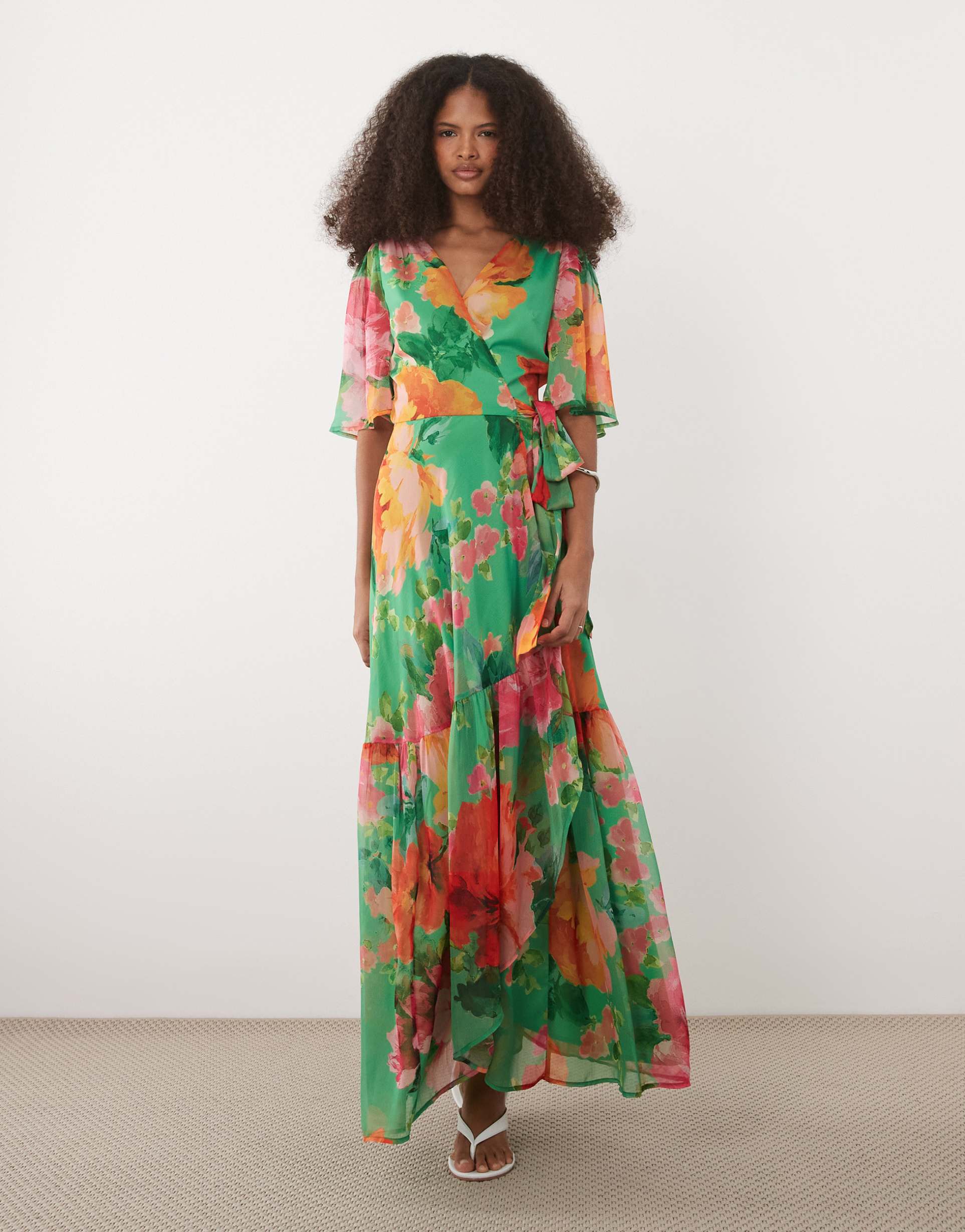 hope & ivy flutter sleeve maxi wrap dress with tie waist in green floral