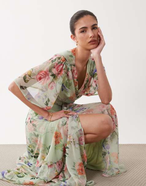 Hope & Ivy flutter sleeve maxi wrap dress with tie waist in mint green floral print - view 1