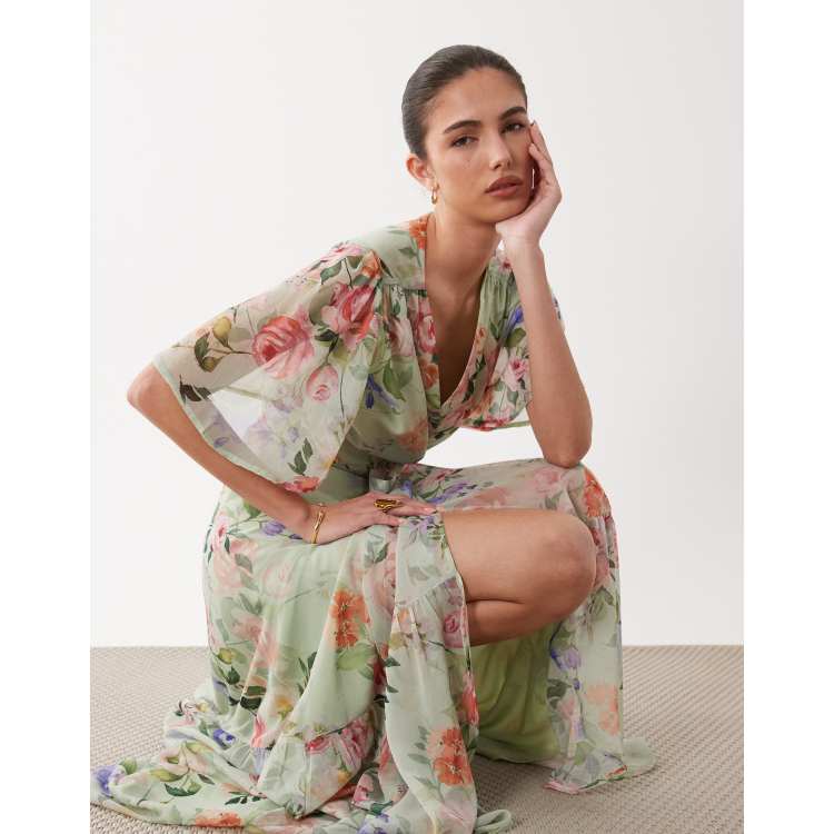 Hope & Ivy flutter sleeve maxi wrap dress with tie waist in mint green  floral print | ASOS