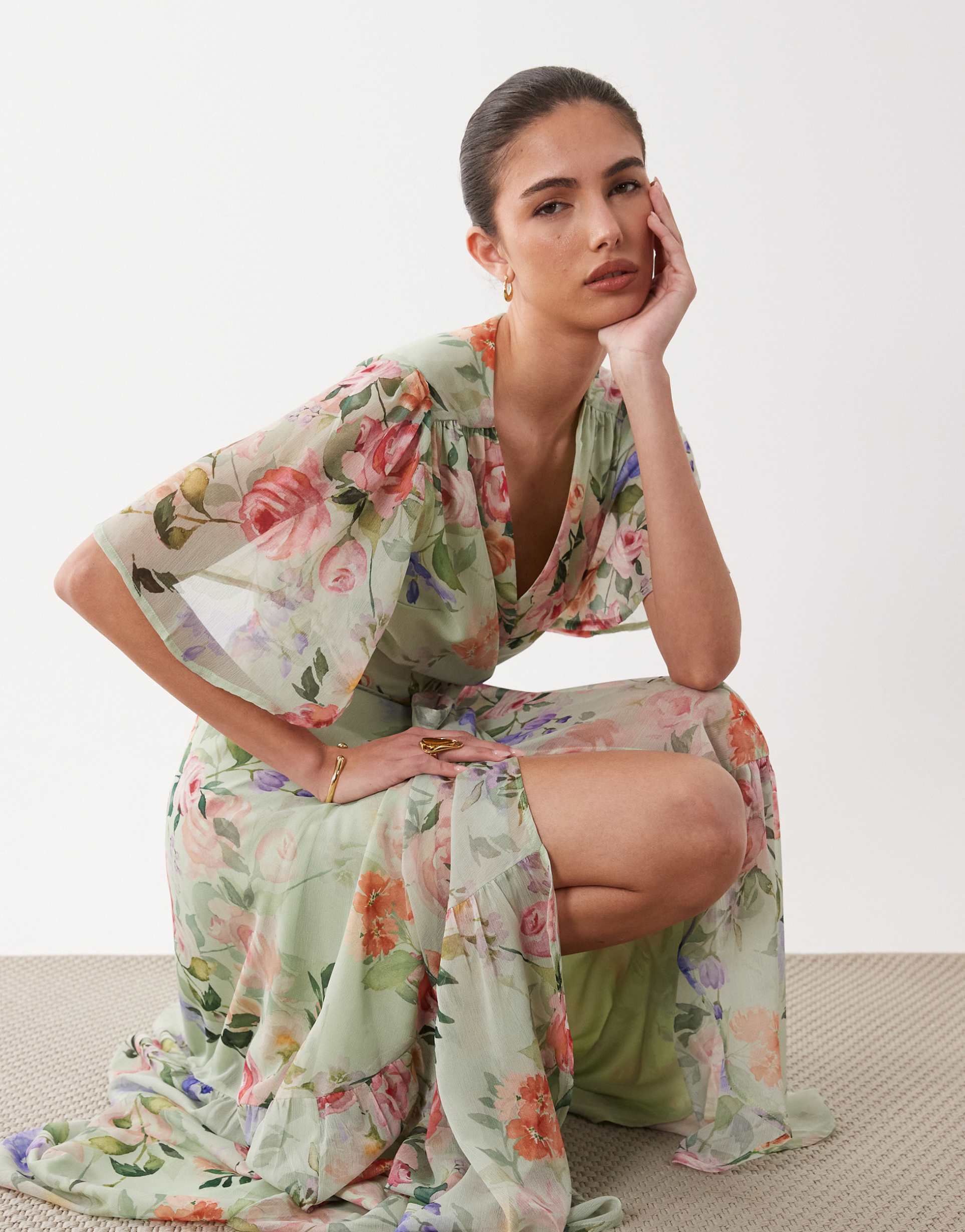 hope & ivy flutter sleeve maxi wrap dress with tie waist in mint green floral print