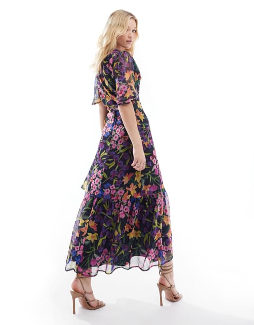 hope and ivy purple dress Hope & Ivy Plus flutter sleeve wrap maxi dress in purple floral