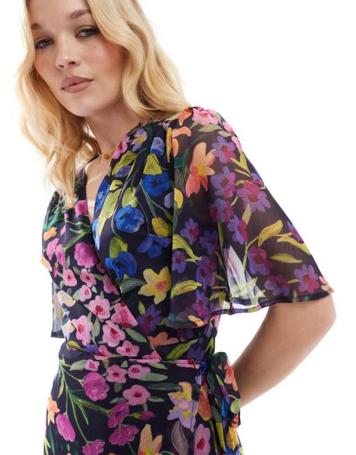 Hope & Ivy flutter sleeve maxi wrap dress with tie waist in purple multi, 4 of 4